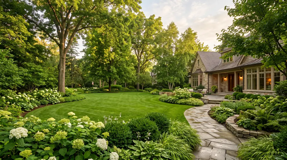 Professionally maintained lawn and plantings at an HOA property