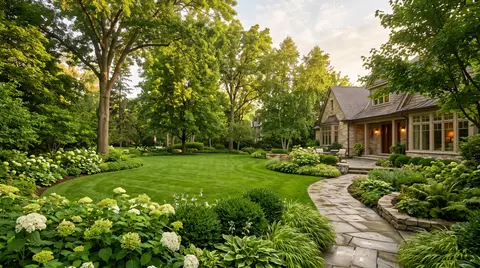 Professionally maintained lawn and plantings at an HOA property