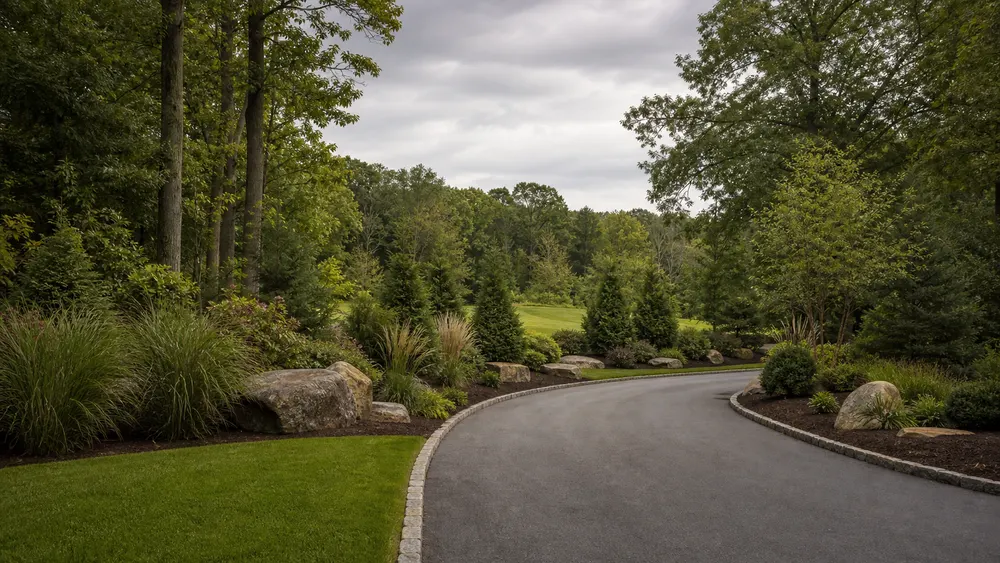 Landscaped commercial drive with granite boulders and evergreen plantings