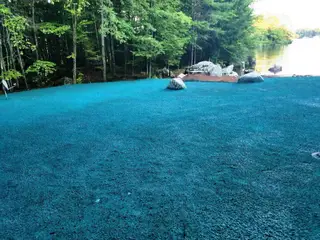 Completed hydroseeding with turquoise slurry coverage and lake views