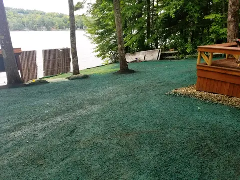 Established lawn leading toward a Lakes Region shoreline