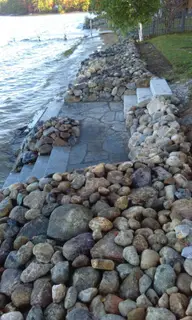 Stone riprap shoreline wall with steps