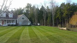 Striped front lawn at cape-style home