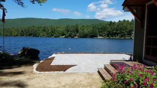Lakeside paver patio with mountain view