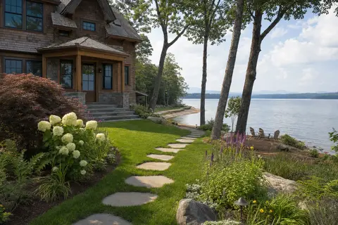 Lakeside home landscape with a stone path, planting beds, and lake views