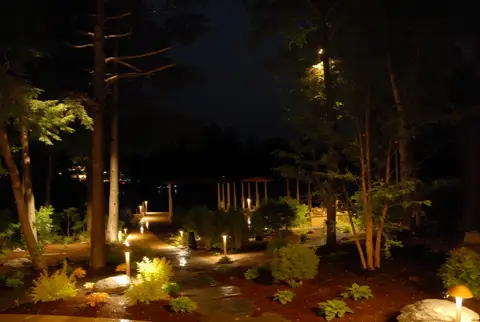 Low-voltage path lights illuminating a wooded garden walkway beside the lake at night