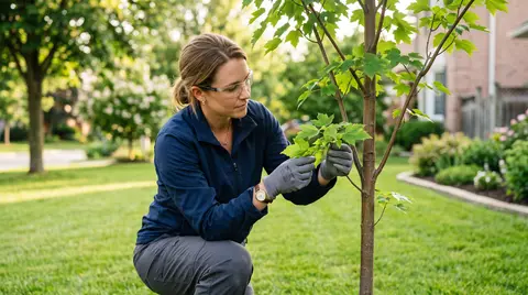 Plant health care specialist inspecting a young tree