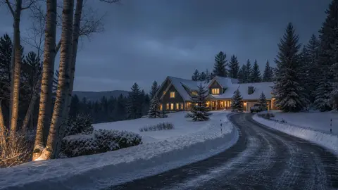Snow-cleared driveway leading to a Lakes Region home in winter