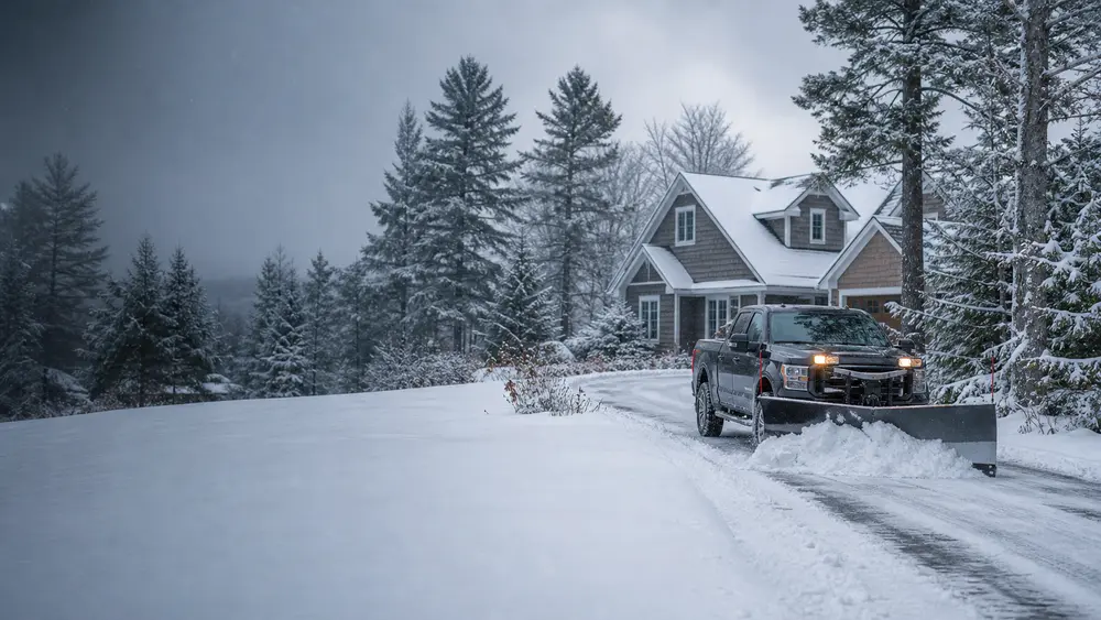 Snowplow clearing a snow-covered driveway at a Lakes Region home