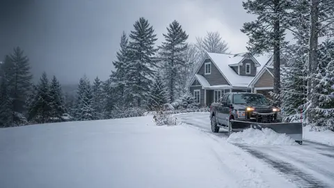 Snowplow clearing a snow-covered driveway at a Lakes Region home