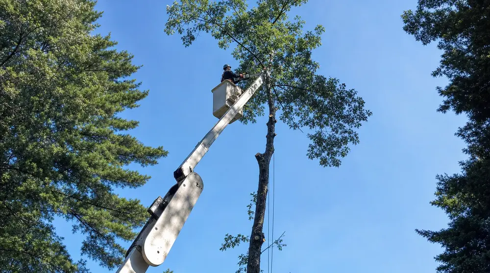 Tree care specialist pruning a tree from a bucket truck
